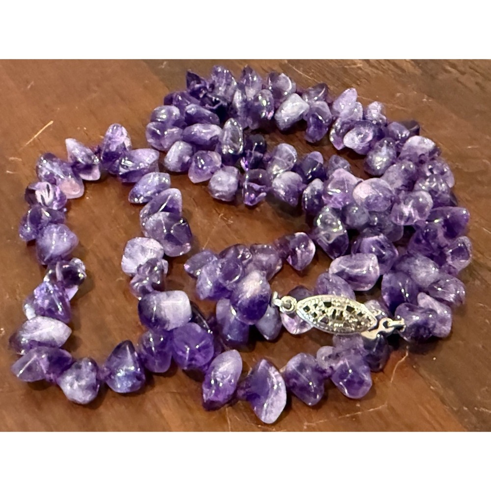 Vintage Purple Amethyst Chip Beaded Necklace Hand Knotted Silver Filigree Clasp